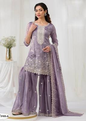 Lavender crepe zari work semi stitched salwar suits 1