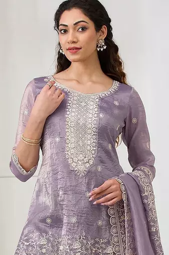 Lavender crepe zari work semi stitched salwar suits