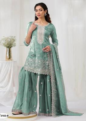 Sea green crepe zari work semi stitched salwar suits 1