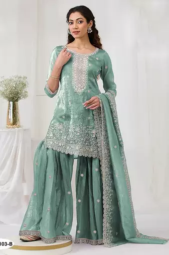 Sea green crepe zari work semi stitched salwar suits