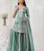 Sea green crepe zari work semi stitched salwar suits