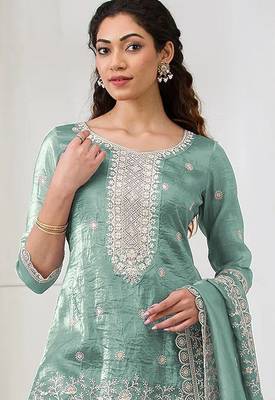 Sea green crepe zari work semi stitched salwar suits 2