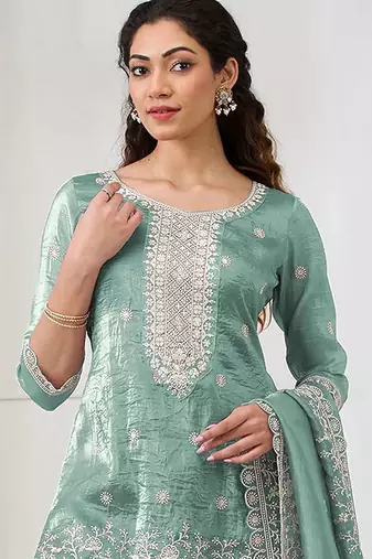 Sea green crepe zari work semi stitched salwar suits