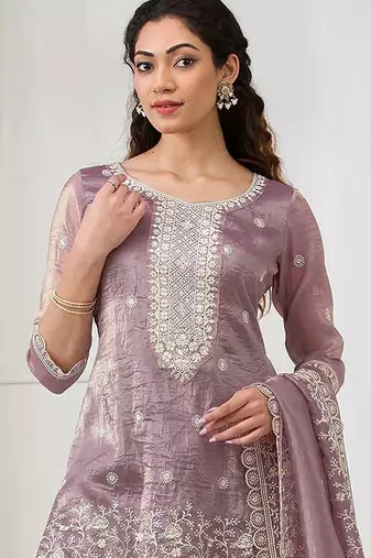 Lavender crepe zari work semi stitched salwar suits