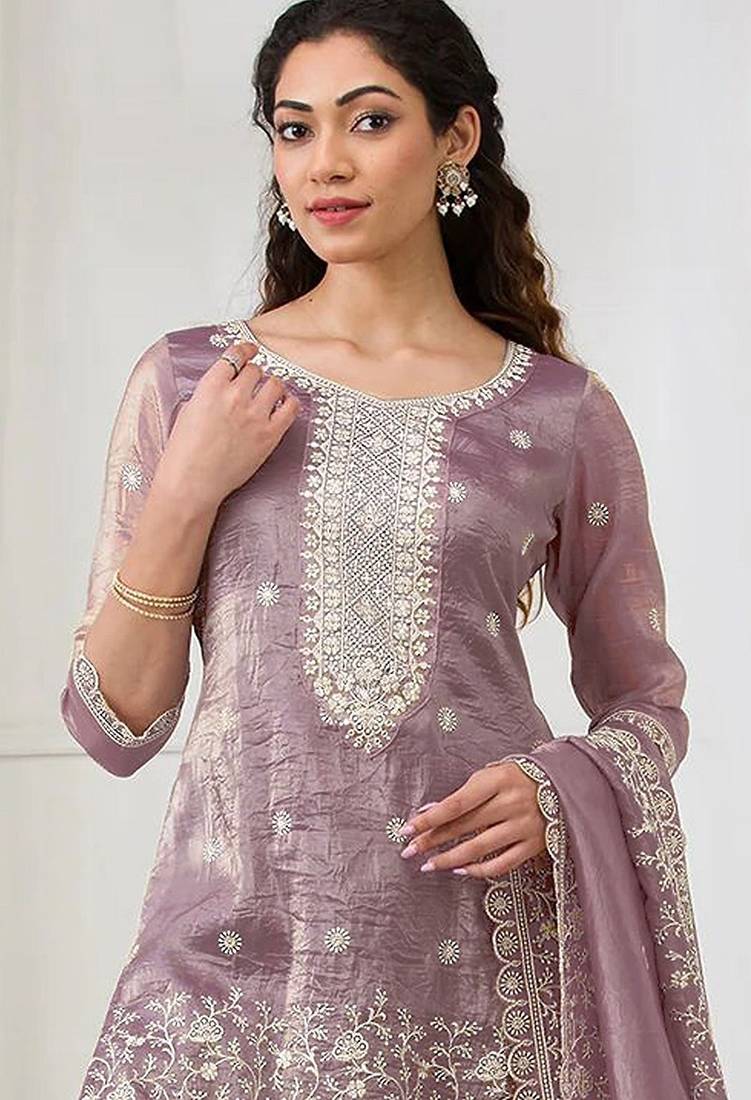 Lavender crepe zari work semi stitched salwar suits
