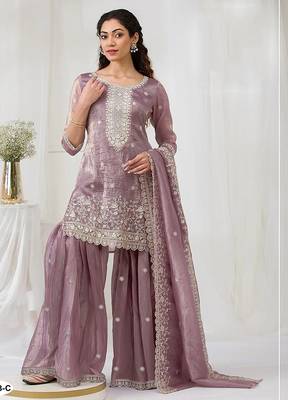 Lavender crepe zari work semi stitched salwar suits 2