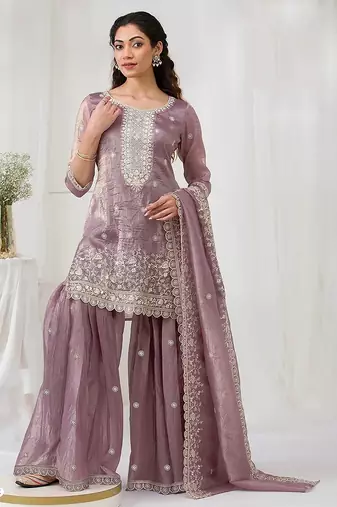 Lavender crepe zari work semi stitched salwar suits