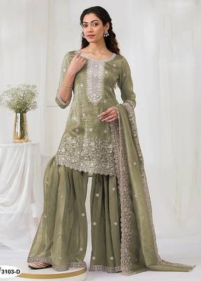 Olive green crepe zari work semi stitched salwar suits 1