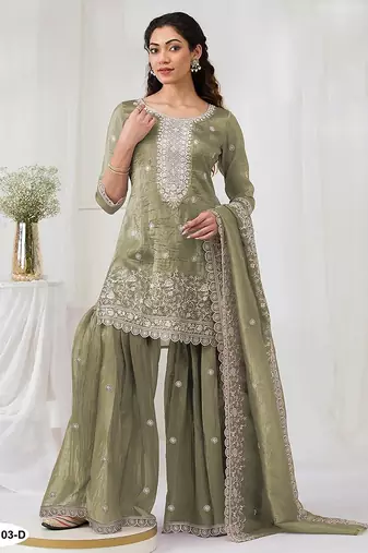 Olive green crepe zari work semi stitched salwar suits