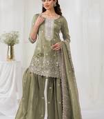 Olive green crepe zari work semi stitched salwar suits