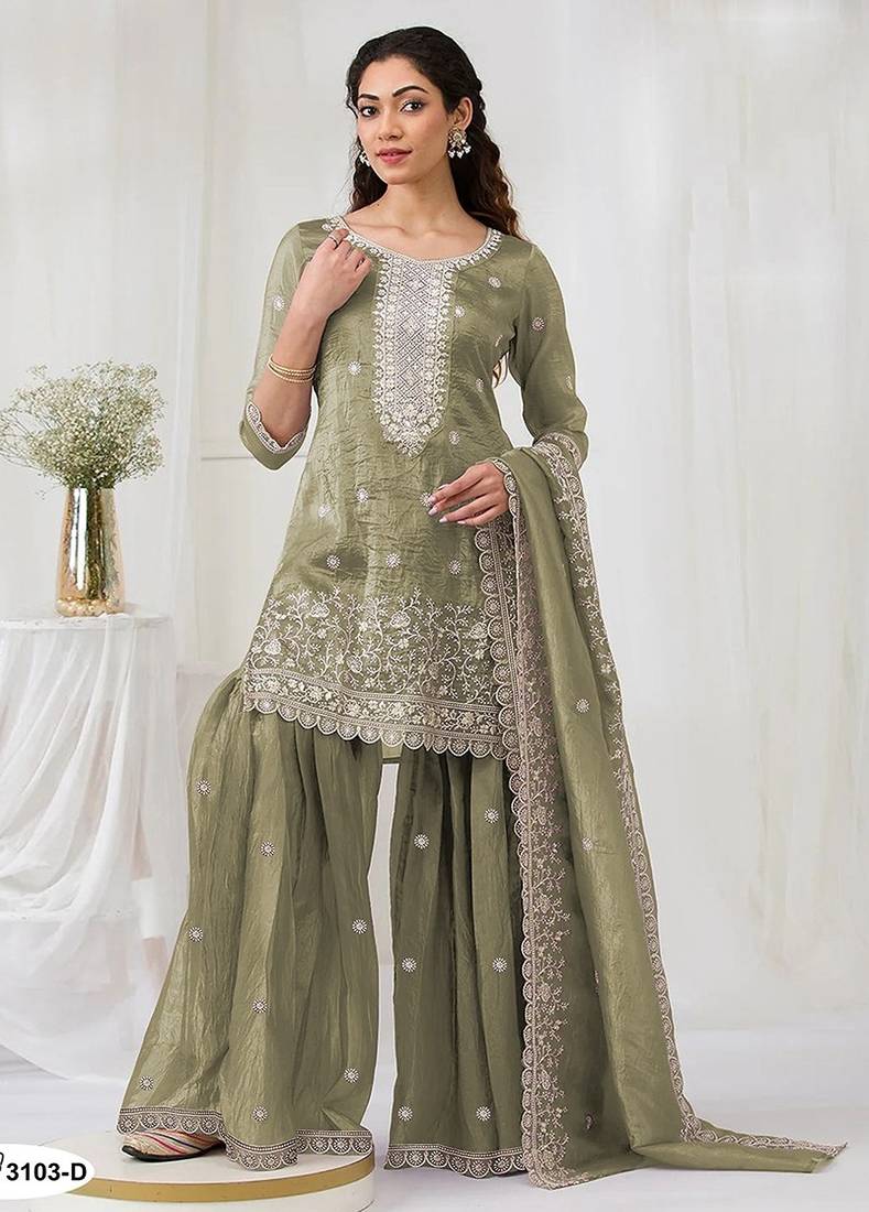 Olive green crepe zari work semi stitched salwar suits