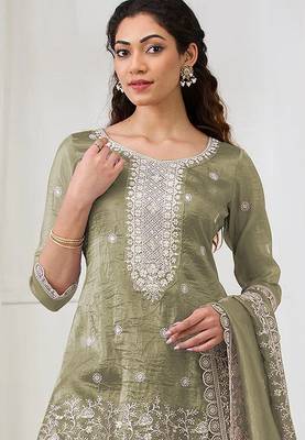 Olive green crepe zari work semi stitched salwar suits 2