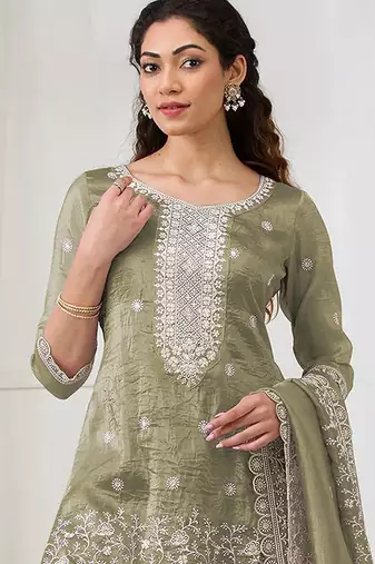 Olive green crepe zari work semi stitched salwar suits