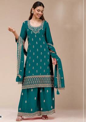 Teal georgette zari work semi stitched salwar suits 1
