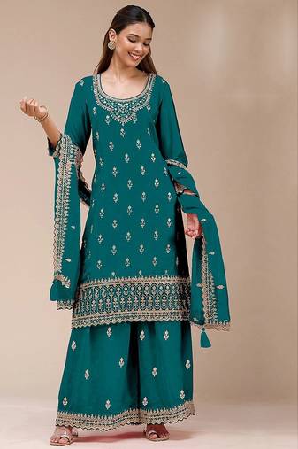 Teal georgette zari work semi stitched salwar suits