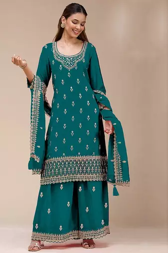 Teal georgette zari work semi stitched salwar suits