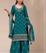 Teal georgette zari work semi stitched salwar suits