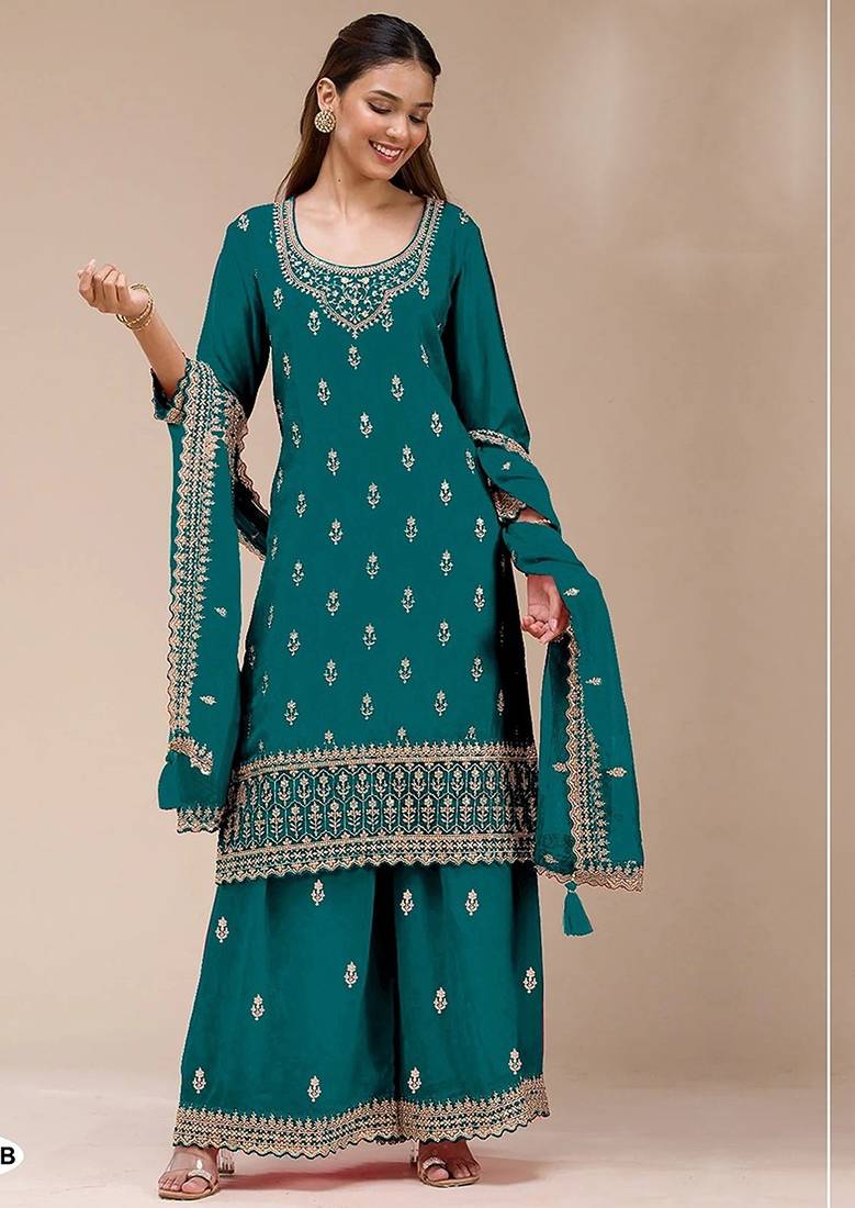 Teal georgette zari work semi stitched salwar suits