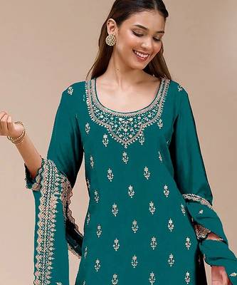 Teal georgette zari work semi stitched salwar suits 2