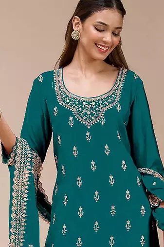 Teal georgette zari work semi stitched salwar suits