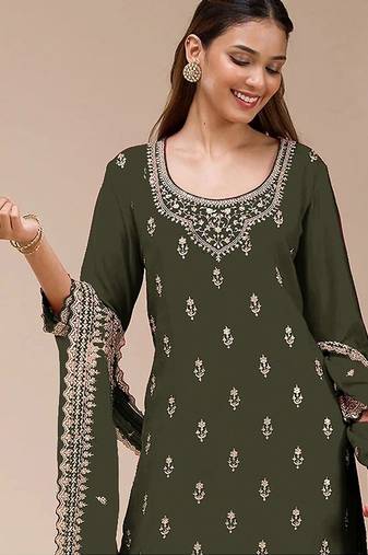 Olive green georgette zari work semi stitched salwar suits
