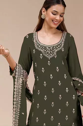Olive green georgette zari work semi stitched salwar suits