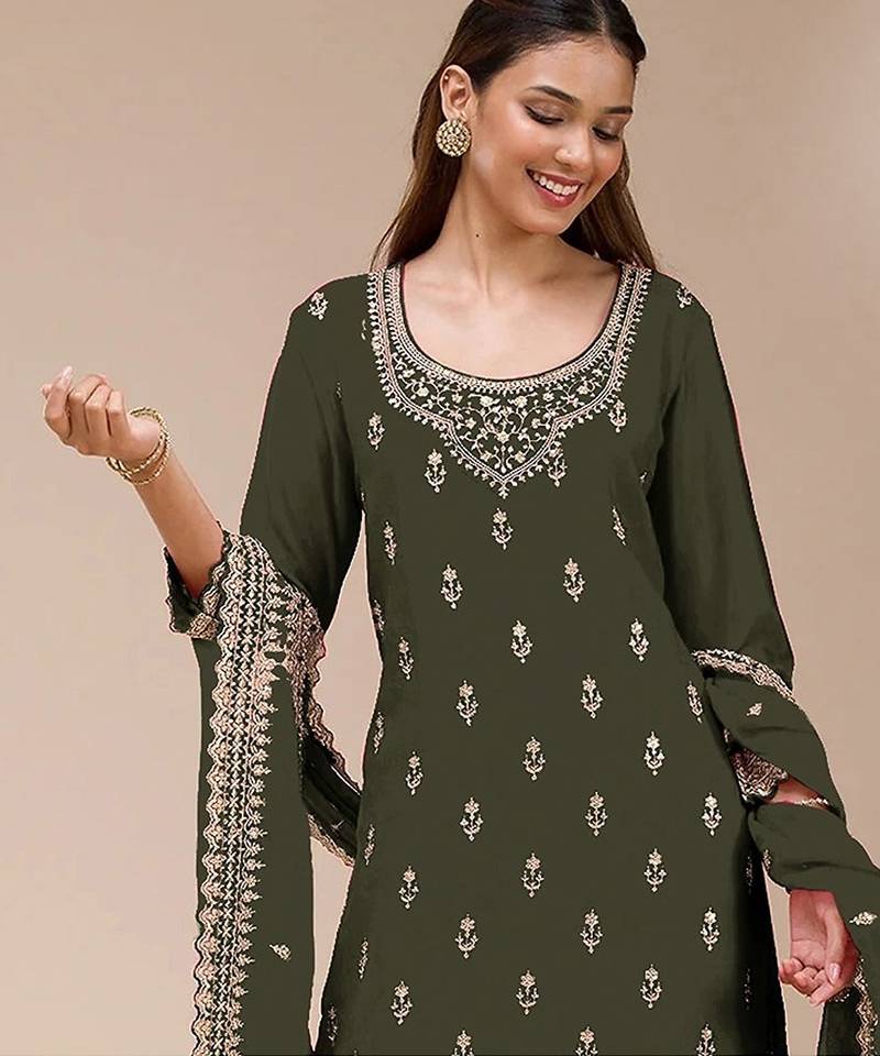 Olive green georgette zari work semi stitched salwar suits