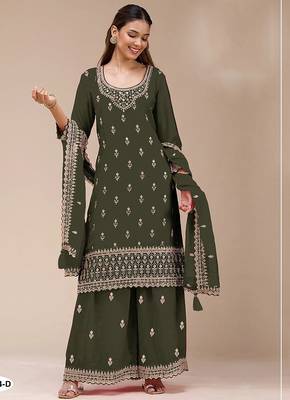 Olive green georgette zari work semi stitched salwar suits 2