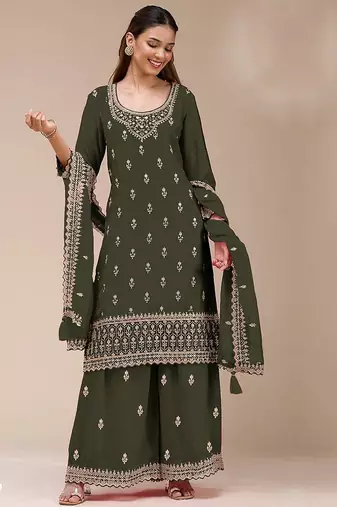 Olive green georgette zari work semi stitched salwar suits