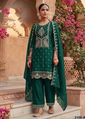 Dark green silk blend zari work semi stitched salwar suits 1