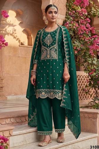 Dark green silk blend zari work semi stitched salwar suits