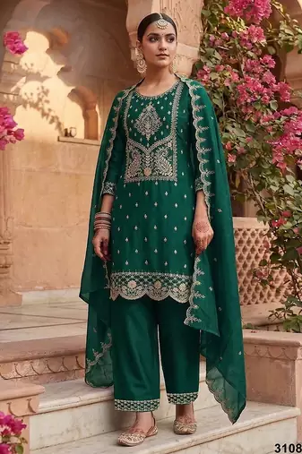 Dark green silk blend zari work semi stitched salwar suits