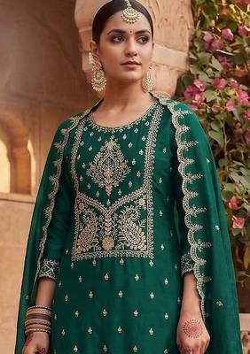 Dark green silk blend zari work semi stitched salwar suits 2