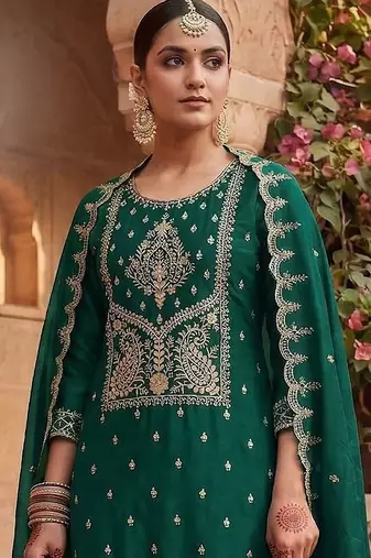 Dark green silk blend zari work semi stitched salwar suits