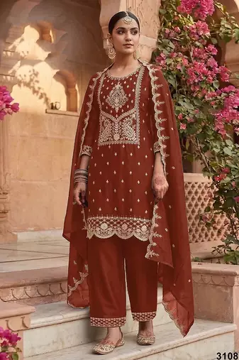 Rust brown silk blend zari work semi stitched salwar suits