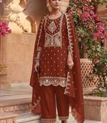 Rust brown silk blend zari work semi stitched salwar suits
