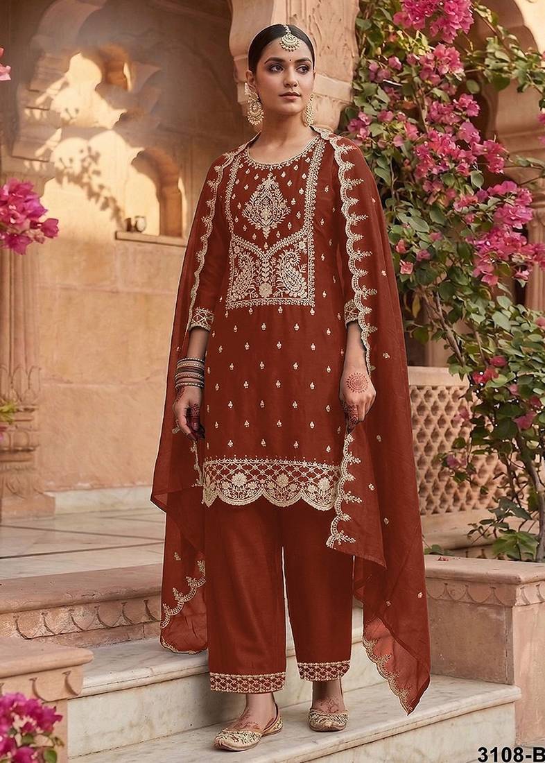 Rust brown silk blend zari work semi stitched salwar suits