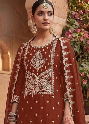 Rust brown silk blend zari work semi stitched salwar suits 2