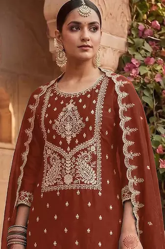 Rust brown silk blend zari work semi stitched salwar suits