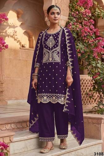 Purple silk blend zari work semi stitched salwar suits