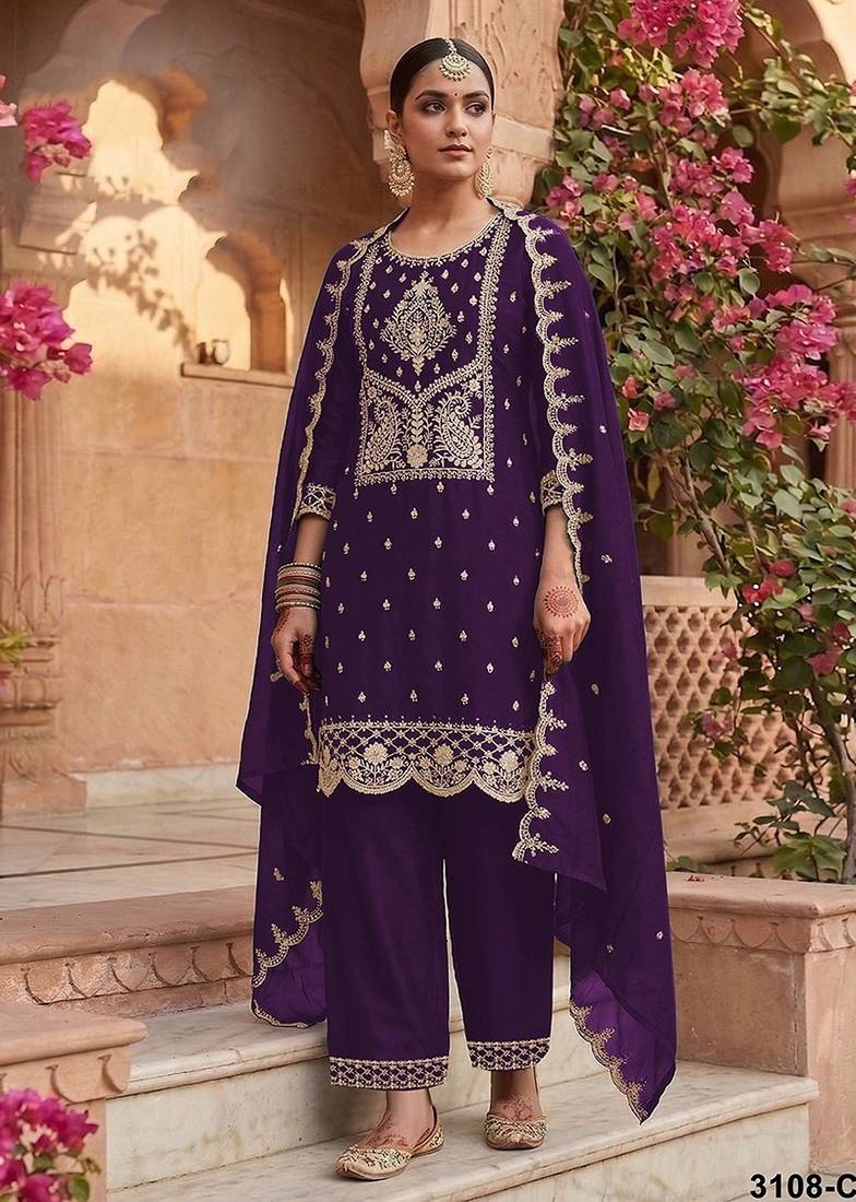 Purple silk blend zari work semi stitched salwar suits
