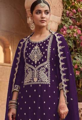 Purple silk blend zari work semi stitched salwar suits 2