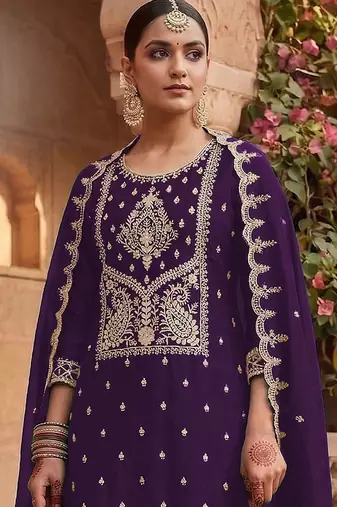 Purple silk blend zari work semi stitched salwar suits