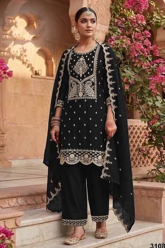 Black silk blend zari work semi stitched salwar suits