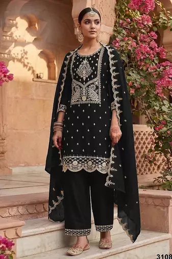 Black silk blend zari work semi stitched salwar suits