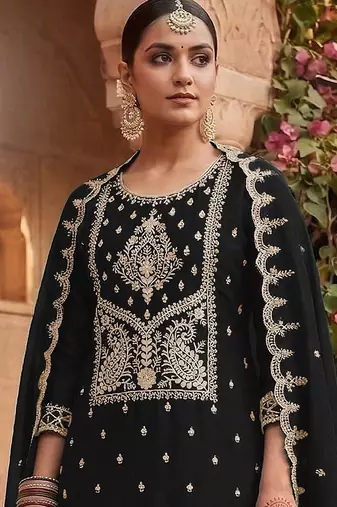 Black silk blend zari work semi stitched salwar suits