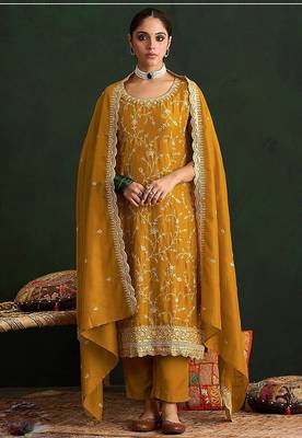 Mustard yellow silk blend zari work semi stitched salwar suits 1