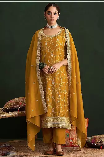 Mustard yellow silk blend zari work semi stitched salwar suits