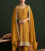 Mustard yellow silk blend zari work semi stitched salwar suits