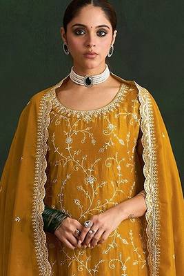 Mustard yellow silk blend zari work semi stitched salwar suits 2
